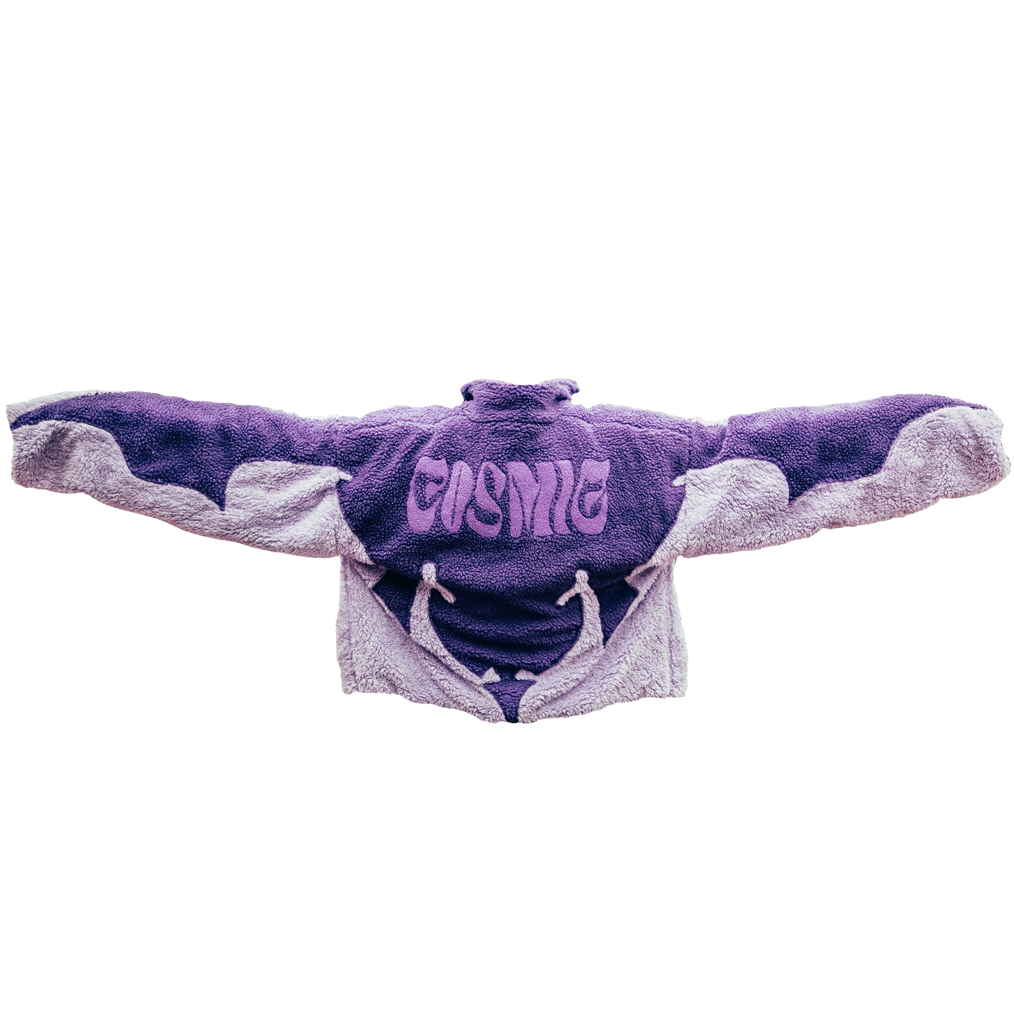 Cosmic the Oasis three-color purple sherpa zip up with extended sleeves can be worn as an oversized shirt layer or outerwear. Dramatic curved design with Cosmic logo across the back.
