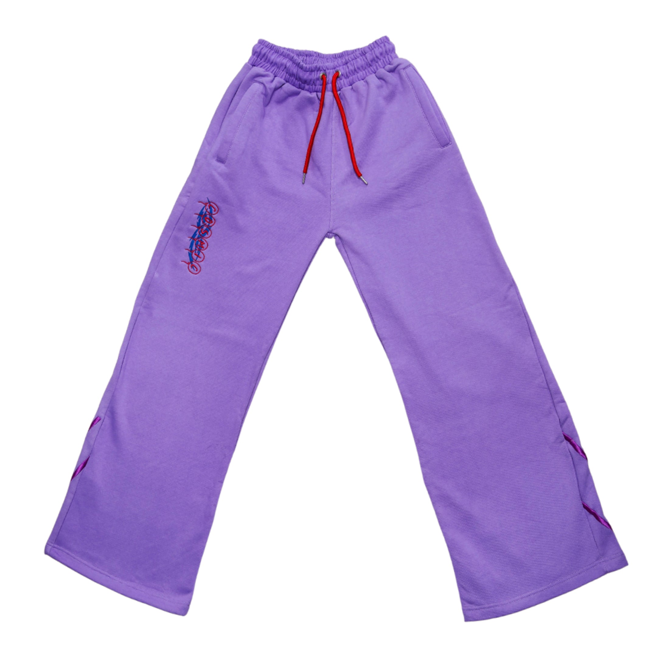 The Ube Collection features these 100% cotton purple heavyweight sweat pants, with quality embroidery, red draw string and side pockets and back patch pocket. Forms a sweatsuit set with the Paris Heavyweight Embroidered Hoodie (sold separately).