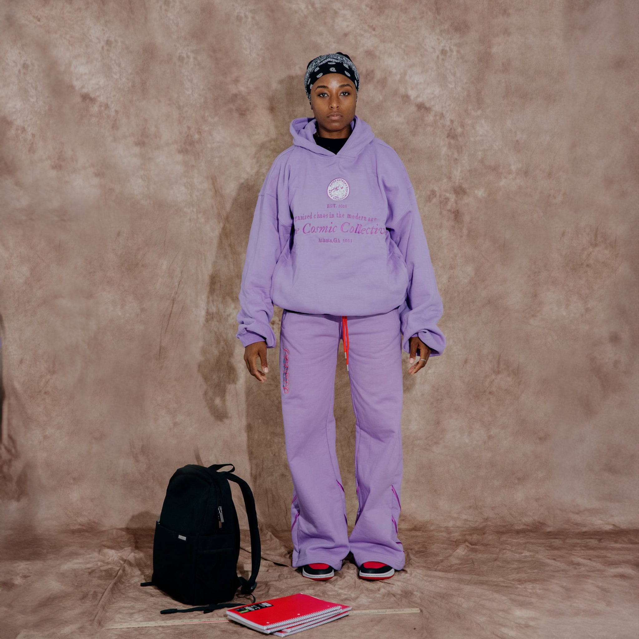 The Ube Collection features these 100% cotton purple heavyweight sweat pants, with quality embroidery, red draw string and side pockets and back patch pocket. Forms a sweatsuit set with the Paris Heavyweight Embroidered Hoodie (sold separately).