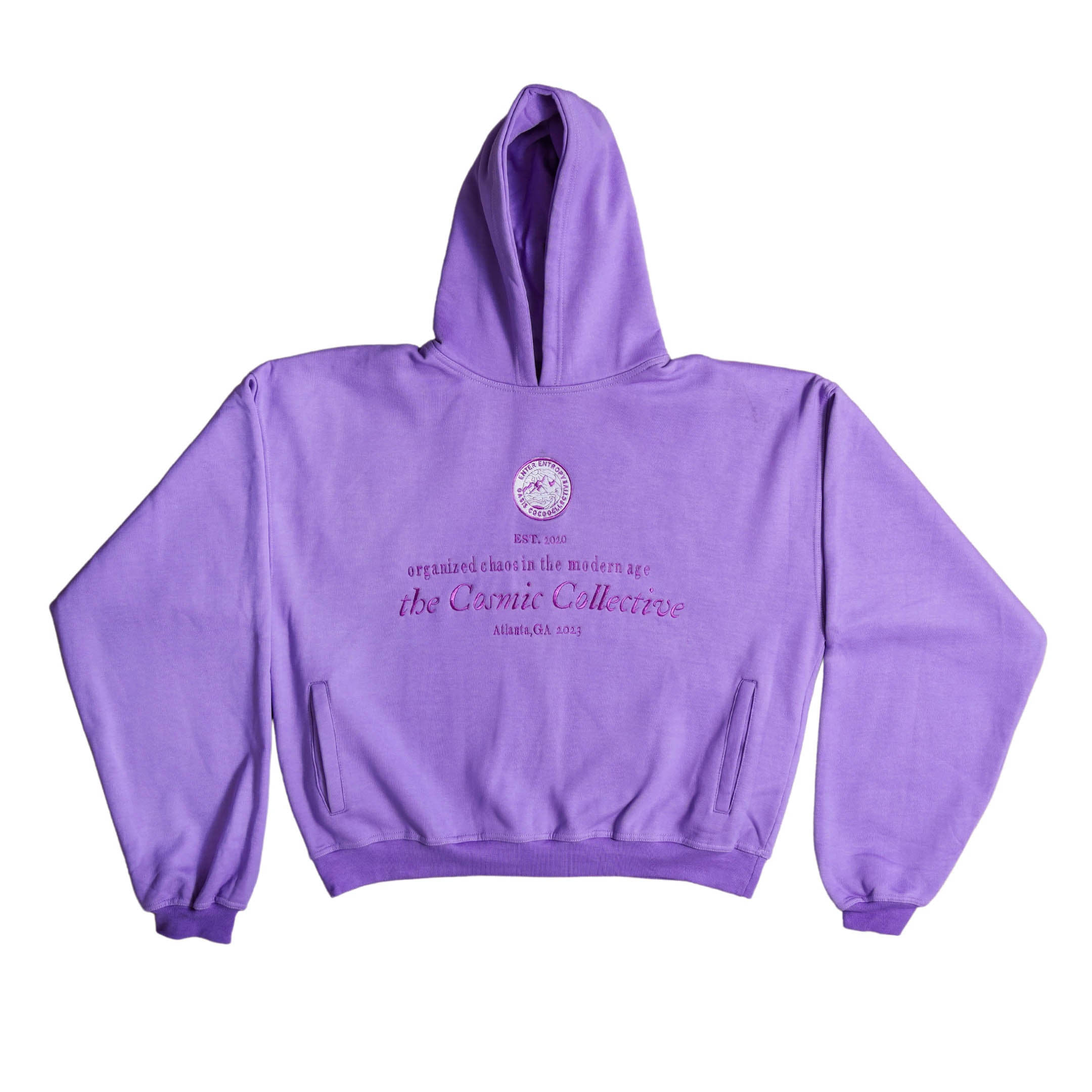 The Ube Collection features a 100% cotton purple hoodie with "Organized Chaos In the Modern Age" embroidery and slant front pockets. Forms a sweatsuit set with the Paris Heavyweight Sweatpants (sold separately).