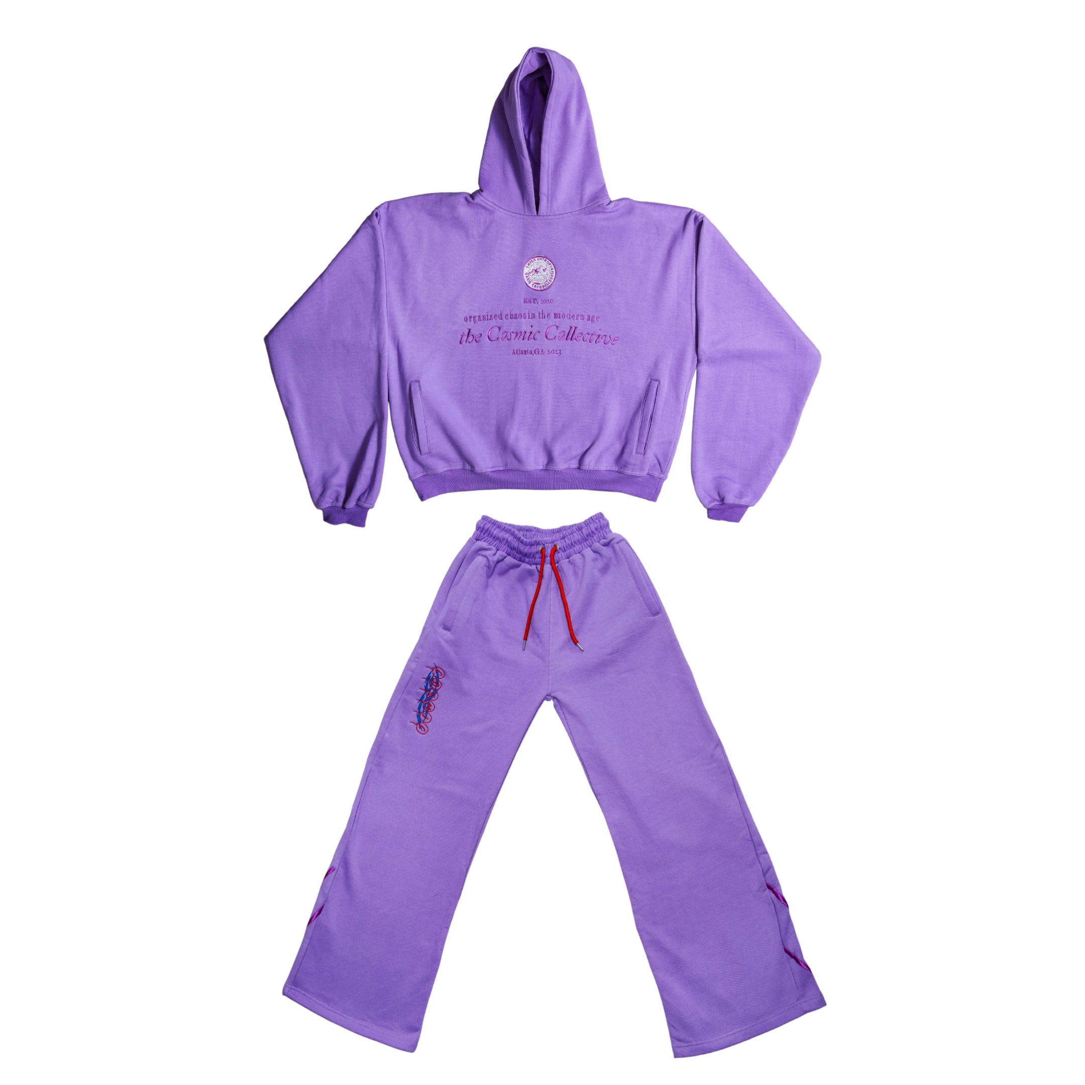 The Ube Collection features these 100% cotton purple heavyweight sweat pants, with quality embroidery, red draw string and side pockets and back patch pocket. Forms a sweatsuit set with the Paris Heavyweight Embroidered Hoodie (sold separately).