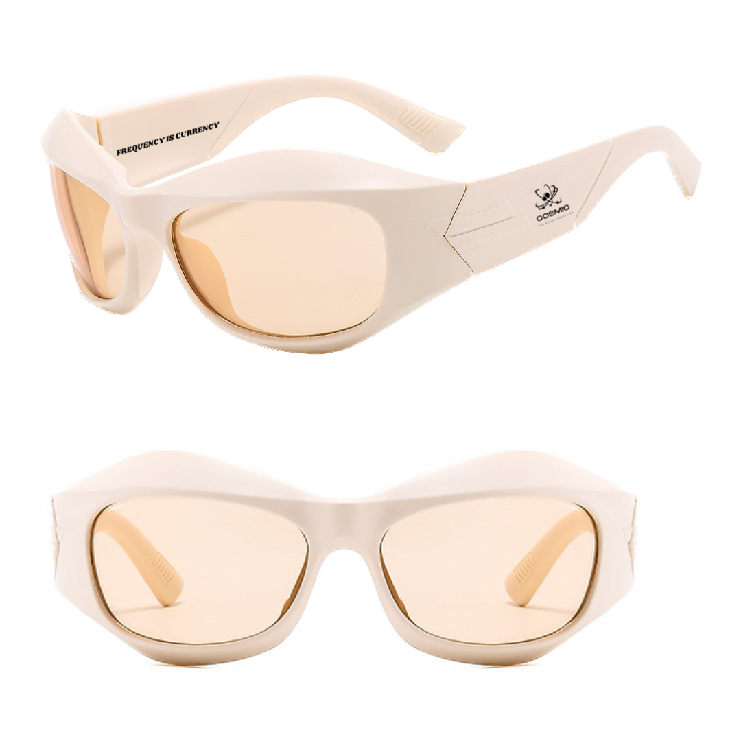 Cosmic the Oasis Y2K sunglasses are inspired by the iconic fashion trends of early 2000's with a sleek wrap-around silhouette. Crafted from high quality materials, the shatter proof polycarbonate lenses and lightweight frames offer style, durability and comfort. Stamped with Cosmic log and "Frequency is Currency".