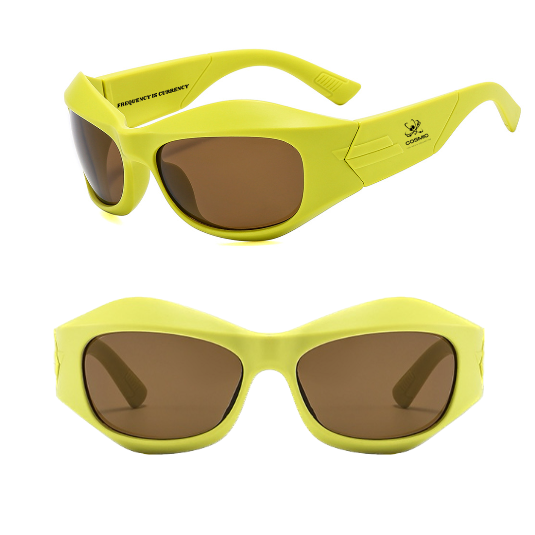 Cosmic the Oasis Y2K sunglasses are inspired by the iconic fashion trends of early 2000's with a sleek wrap-around silhouette. Crafted from high quality materials, the shatter proof polycarbonate lenses and lightweight frames offer style, durability and comfort. Stamped with Cosmic log and "Frequency is Currency".
