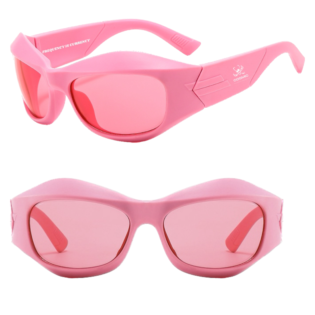 Cosmic the Oasis Y2K sunglasses are inspired by the iconic fashion trends of early 2000's with a sleek wrap-around silhouette. Crafted from high quality materials, the shatter proof polycarbonate lenses and lightweight frames offer style, durability and comfort. Stamped with Cosmic log and "Frequency is Currency".