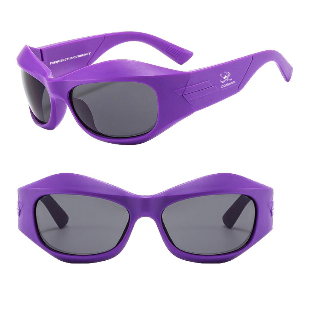 Cosmic the Oasis Y2K sunglasses are inspired by the iconic fashion trends of early 2000's with a sleek wrap-around silhouette. Crafted from high quality materials, the shatter proof polycarbonate lenses and lightweight frames offer style, durability and comfort. Stamped with Cosmic log and "Frequency is Currency".