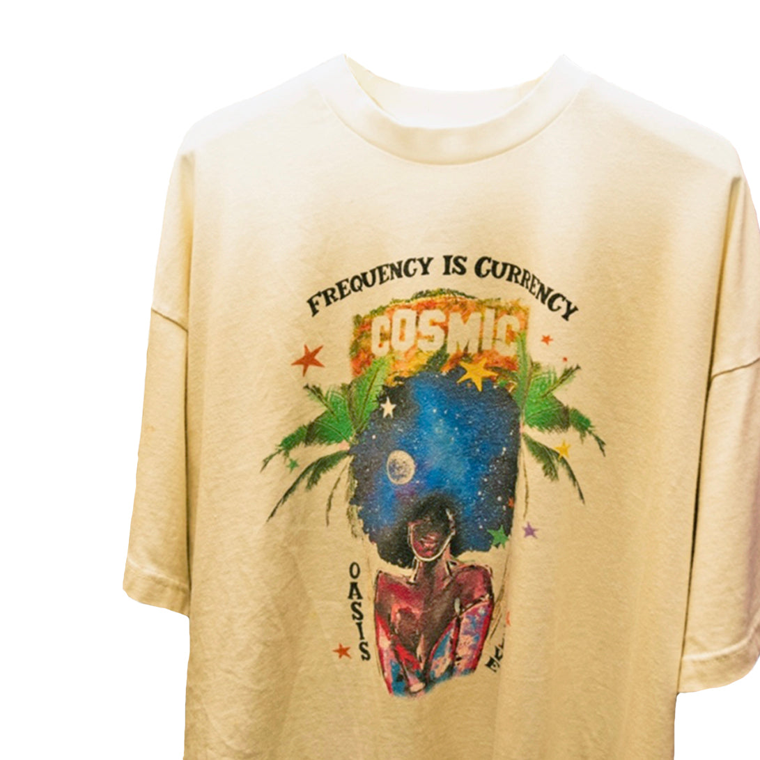 Cosmic the Oasis offers a 100% cotton t-shirt with printed Miami Pop Up graphics on front and back, available in black and champagne. Standard sizing. All cotton tees should always be washed in cold water, with delicate or line dry.