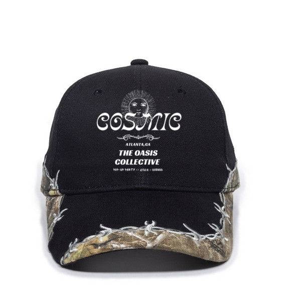 Cosmic the Oasis hat, available in black and brown. Embroidered "Cosmic - The Oasis Collective" design on the front of the cap. Decorative barred wire design along the hat rim. One size, adjustable close at back.