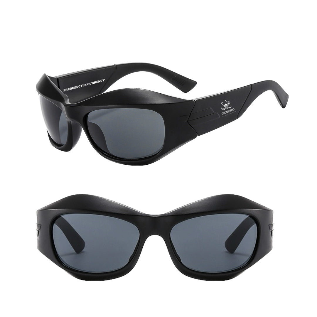 Cosmic the Oasis Y2K sunglasses are inspired by the iconic fashion trends of early 2000's with a sleek wrap-around silhouette. Crafted from high quality materials, the shatter proof polycarbonate lenses and lightweight frames offer style, durability and comfort.  Stamped with Cosmic log and "Frequency is Currency".