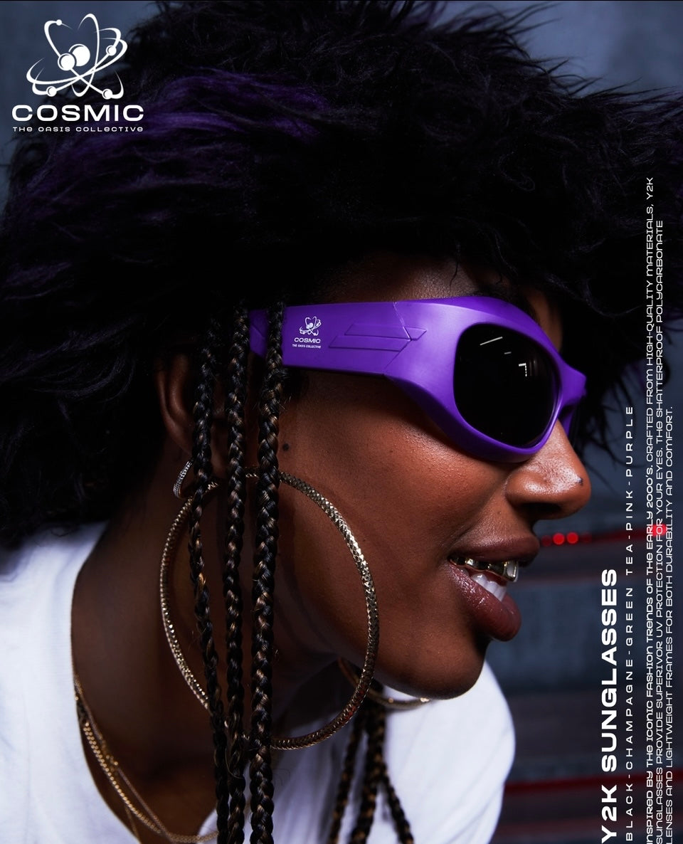 Cosmic the Oasis Y2K sunglasses are inspired by the iconic fashion trends of early 2000's with a sleek wrap-around silhouette. Crafted from high quality materials, the shatter proof polycarbonate lenses and lightweight frames offer style, durability and comfort.  Stamped with Cosmic log and "Frequency is Currency".